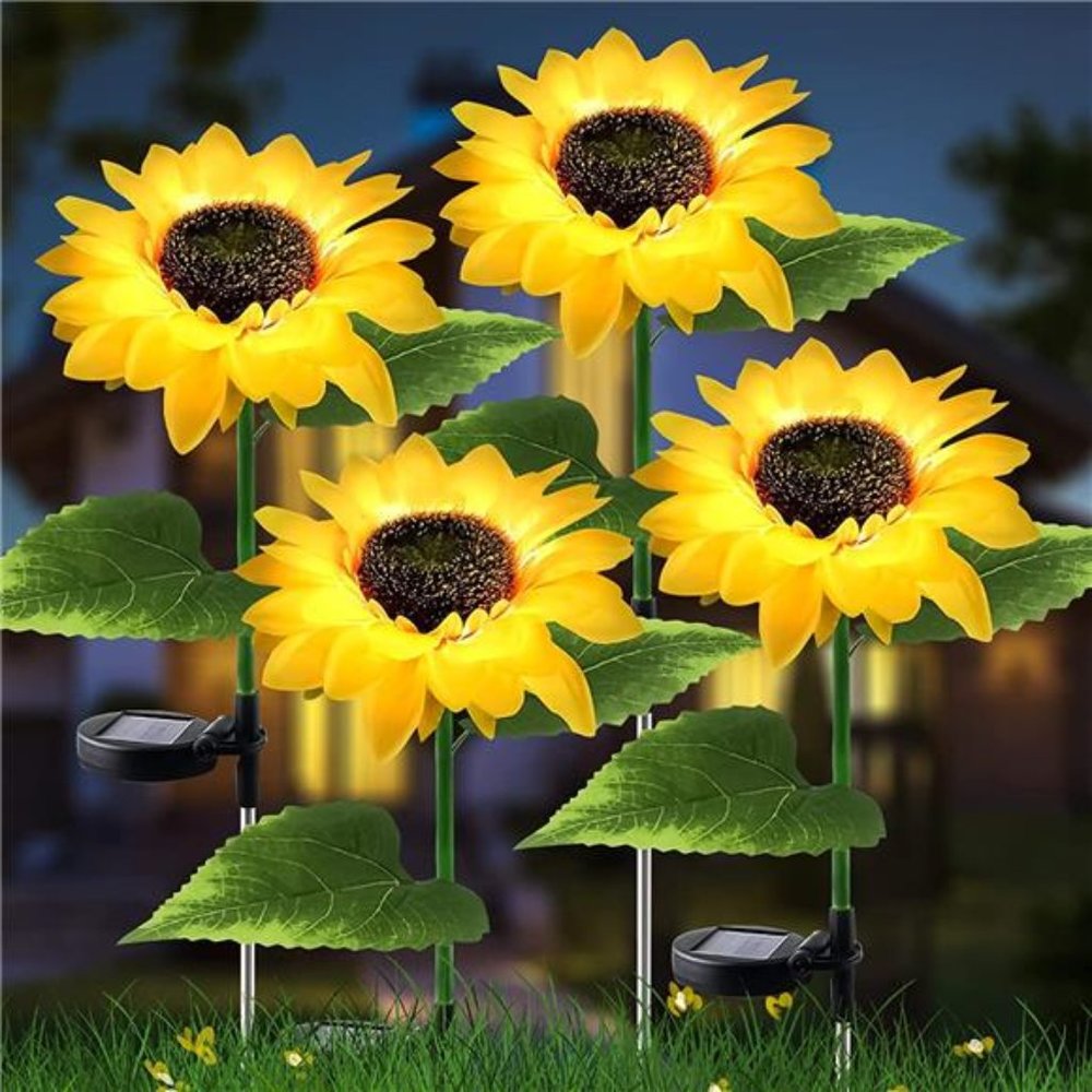 4 PACK Waterproof Solar Powered Flowers Stake Lighting, Sunflowers LED Light